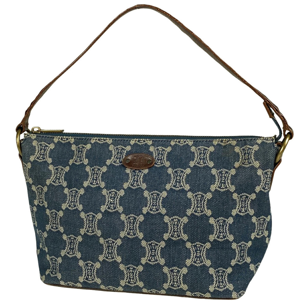 Celine Paris Macadam Shoulder Bag Hobo Handbag Denim Blue Brown